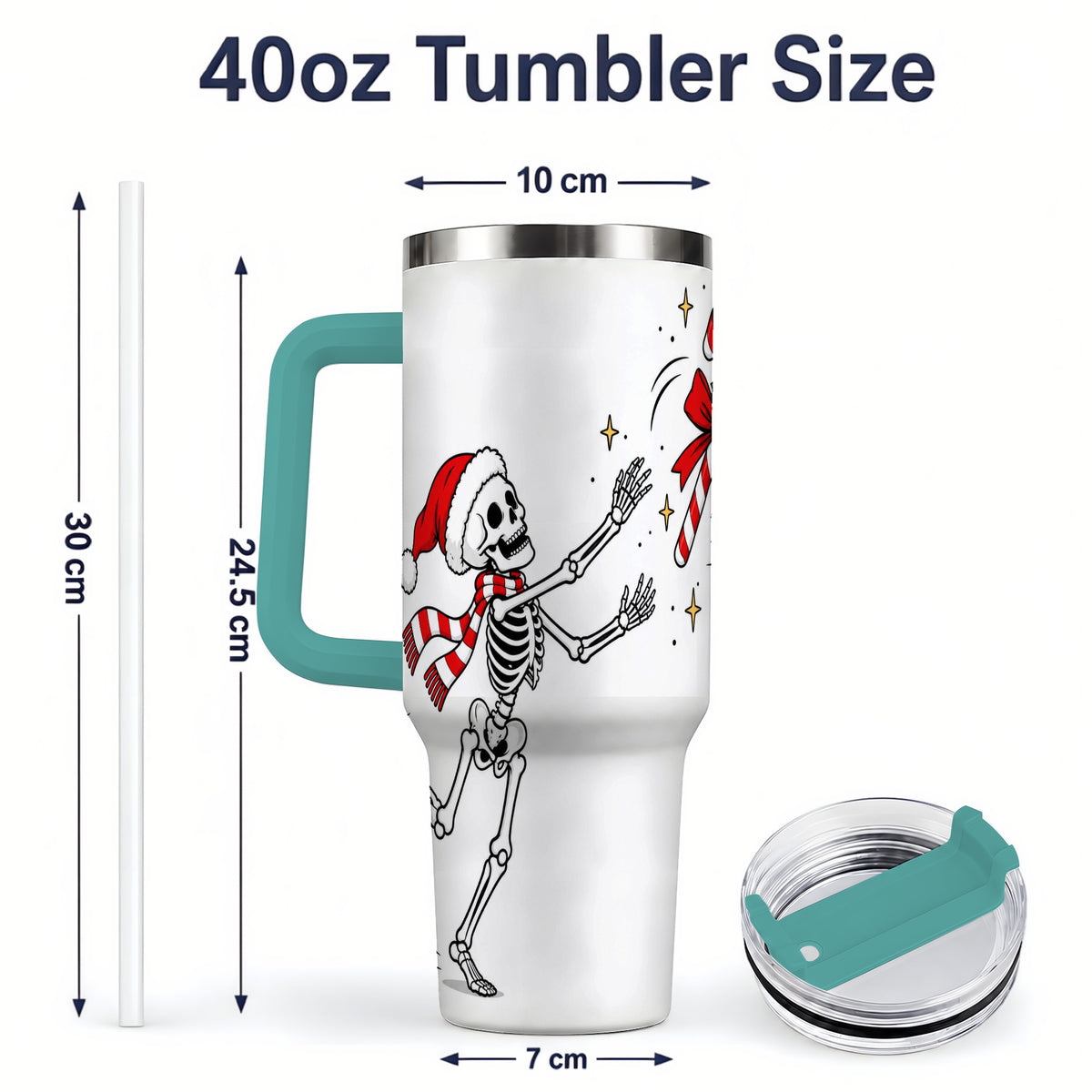 #pl[40oz|Green] Christmas Skeleton Drinkware, 40oz Tumbler with Candy Cane Artwork