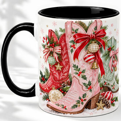 #pl[11oz|Black] Christmas Cowboy Boots Ceramic Mug, Pink Western Holiday Artwork
