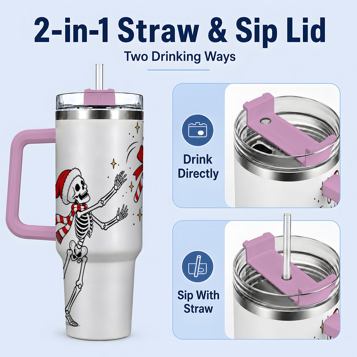 #pl[40oz|Pink] Christmas Skeleton Drinkware, 40oz Tumbler with Candy Cane Artwork