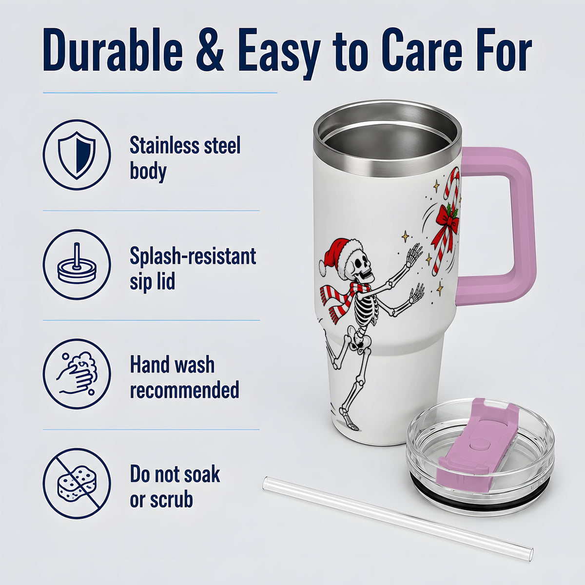 #pl[40oz|Pink] Christmas Skeleton Drinkware, 40oz Tumbler with Candy Cane Artwork