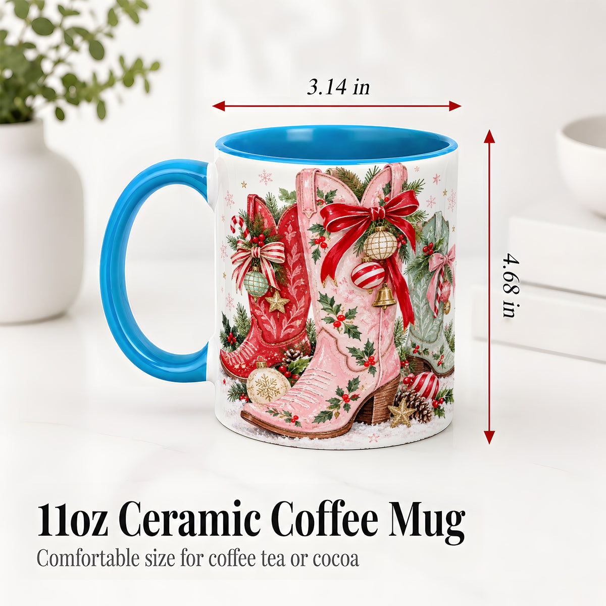 #pl[11oz|Blue] Christmas Cowboy Boots Ceramic Mug, Pink Western Holiday Artwork