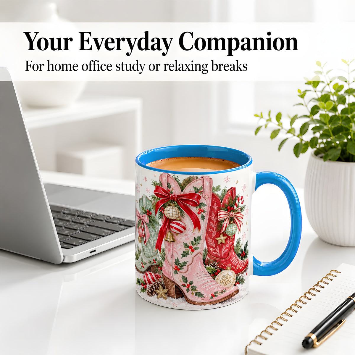 #pl[11oz|Blue] Christmas Cowboy Boots Ceramic Mug, Pink Western Holiday Artwork