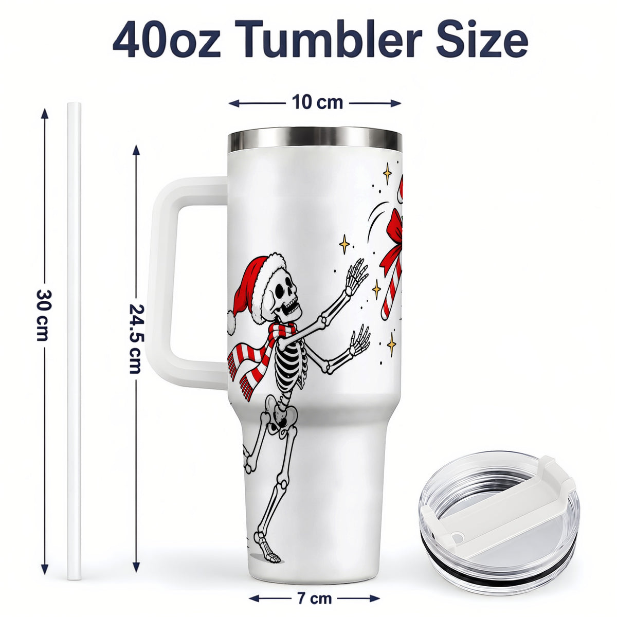 #pl[40oz|White] Christmas Skeleton Drinkware, 40oz Tumbler with Candy Cane Artwork