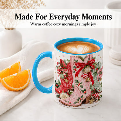 #pl[11oz|Blue] Christmas Cowboy Boots Ceramic Mug, Pink Western Holiday Artwork