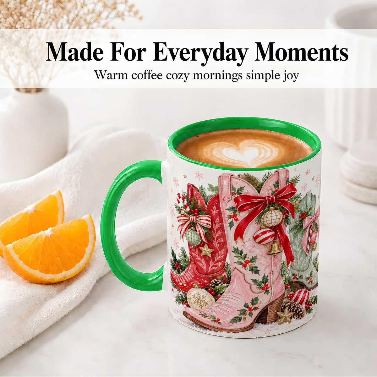 #pl[11oz|Green] Christmas Cowboy Boots Ceramic Mug, Pink Western Holiday Artwork