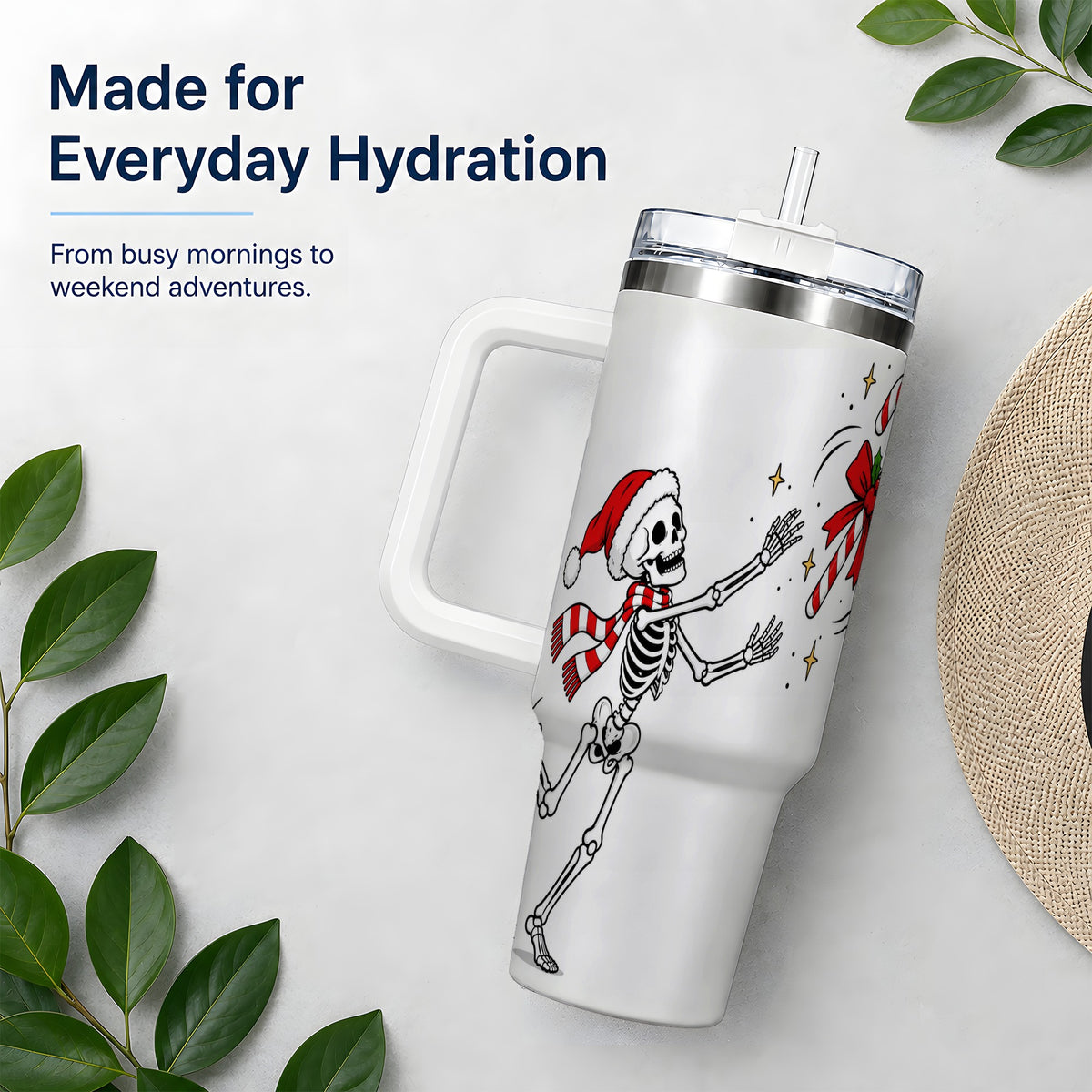 #pl[40oz|White] Christmas Skeleton Drinkware, 40oz Tumbler with Candy Cane Artwork