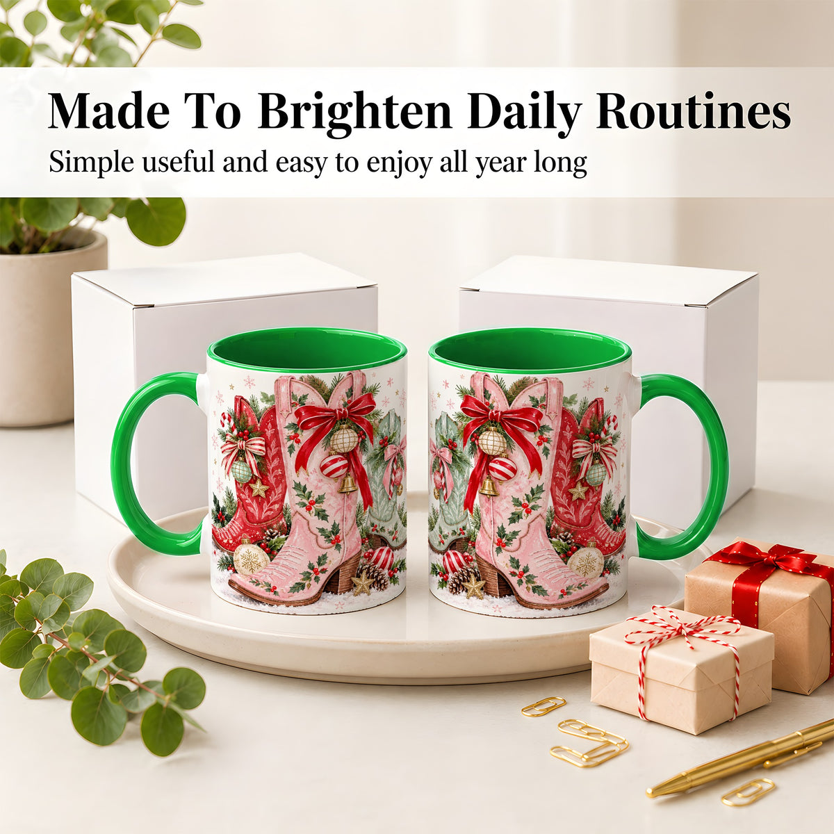 #pl[11oz|Green] Christmas Cowboy Boots Ceramic Mug, Pink Western Holiday Artwork