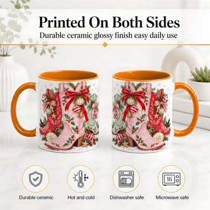 #pl[11oz|Orange] Christmas Cowboy Boots Ceramic Mug, Pink Western Holiday Artwork