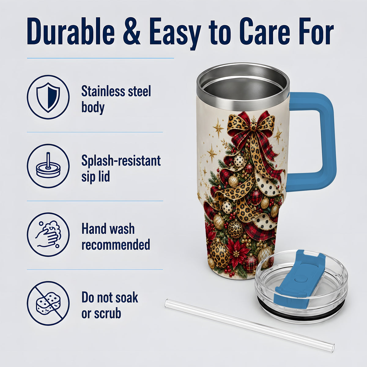 #pl[40oz|Blue] Leopard Christmas Tree Drinkware, 40oz Tumbler with Plaid Ribbon Art