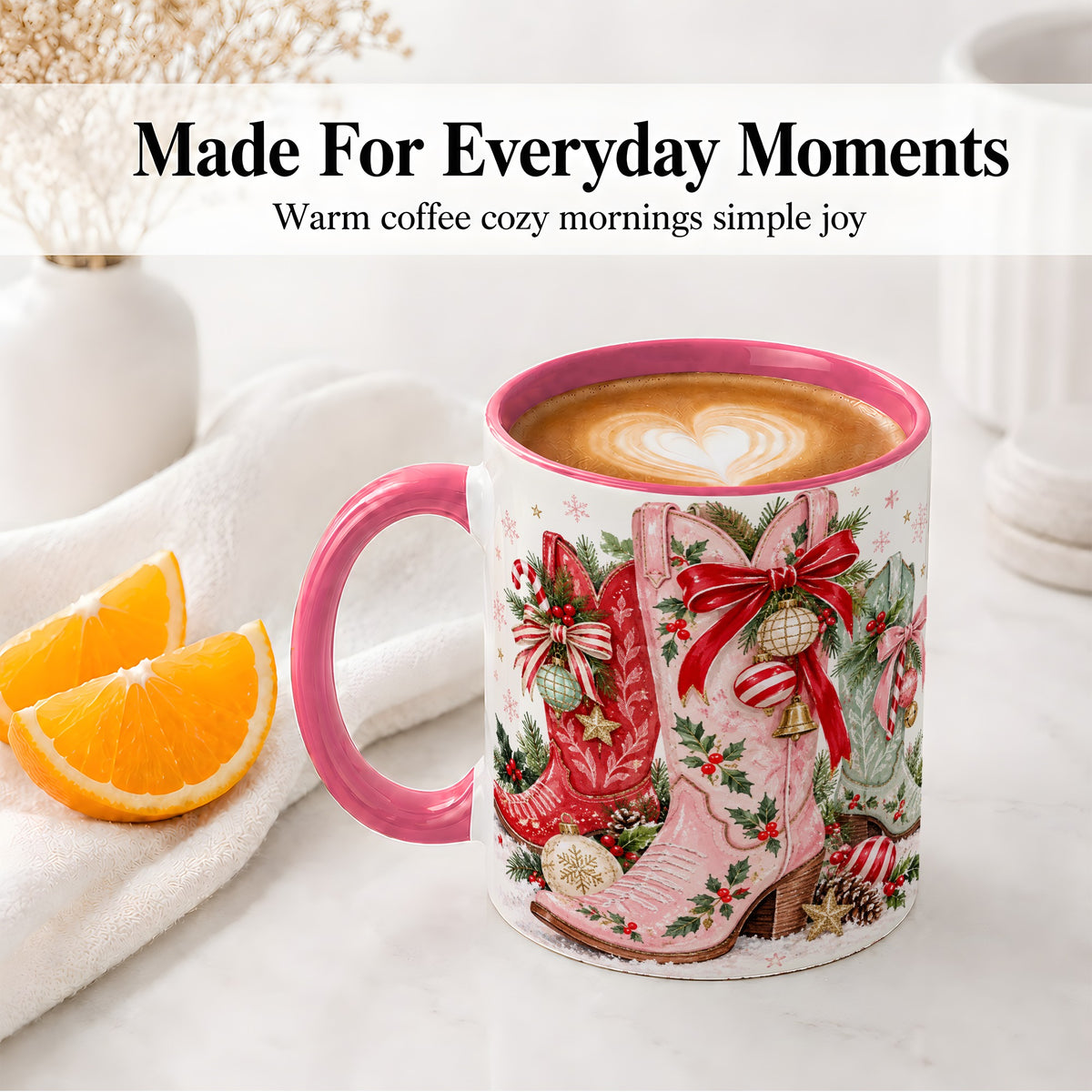 #pl[11oz|Pink] Christmas Cowboy Boots Ceramic Mug, Pink Western Holiday Artwork