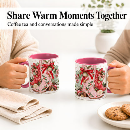 #pl[11oz|Pink] Christmas Cowboy Boots Ceramic Mug, Pink Western Holiday Artwork