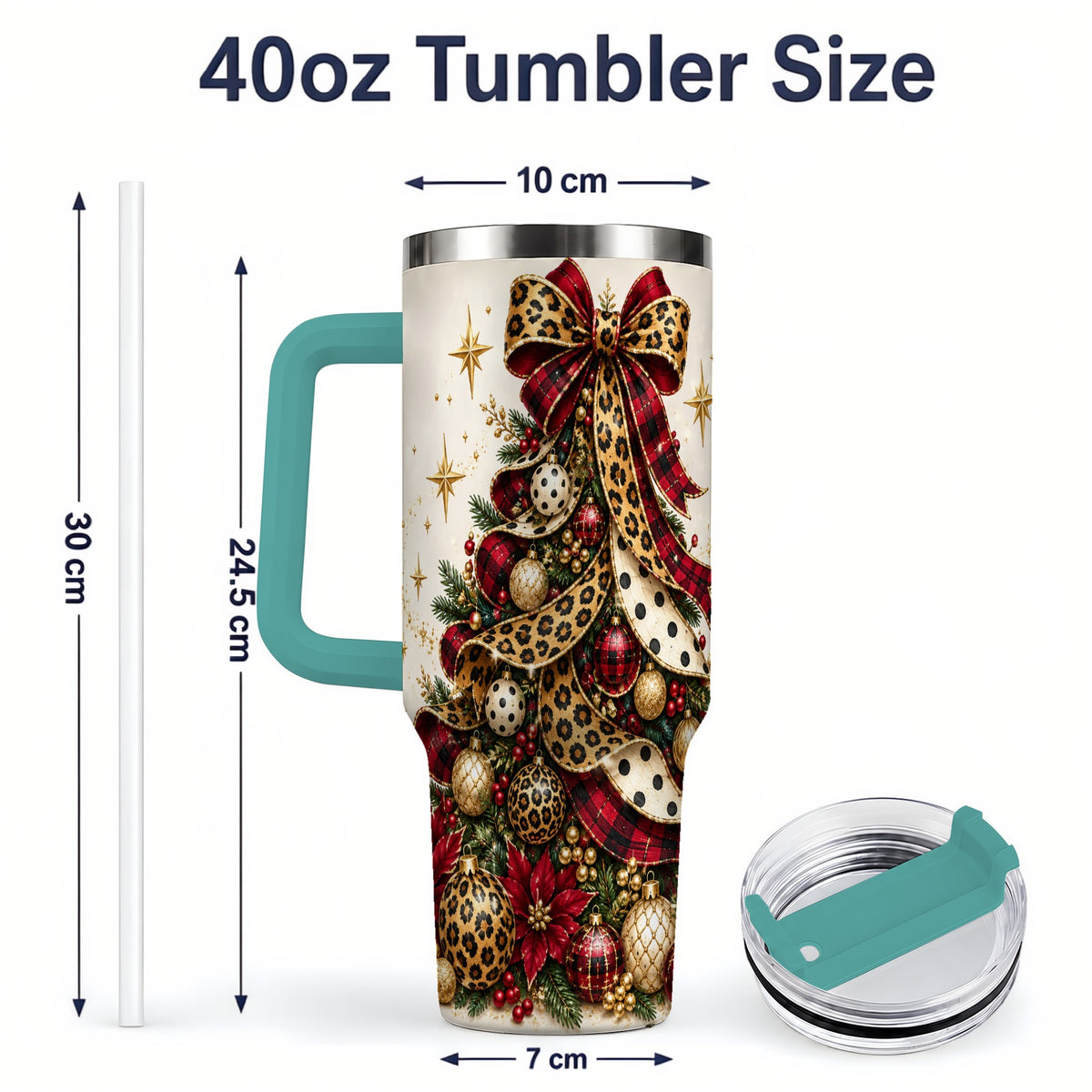 #pl[40oz|Green] Leopard Christmas Tree Drinkware, 40oz Tumbler with Plaid Ribbon Art