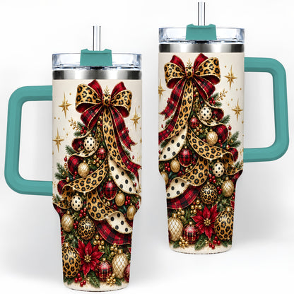 #pl[40oz|Green] Leopard Christmas Tree Drinkware, 40oz Tumbler with Plaid Ribbon Art