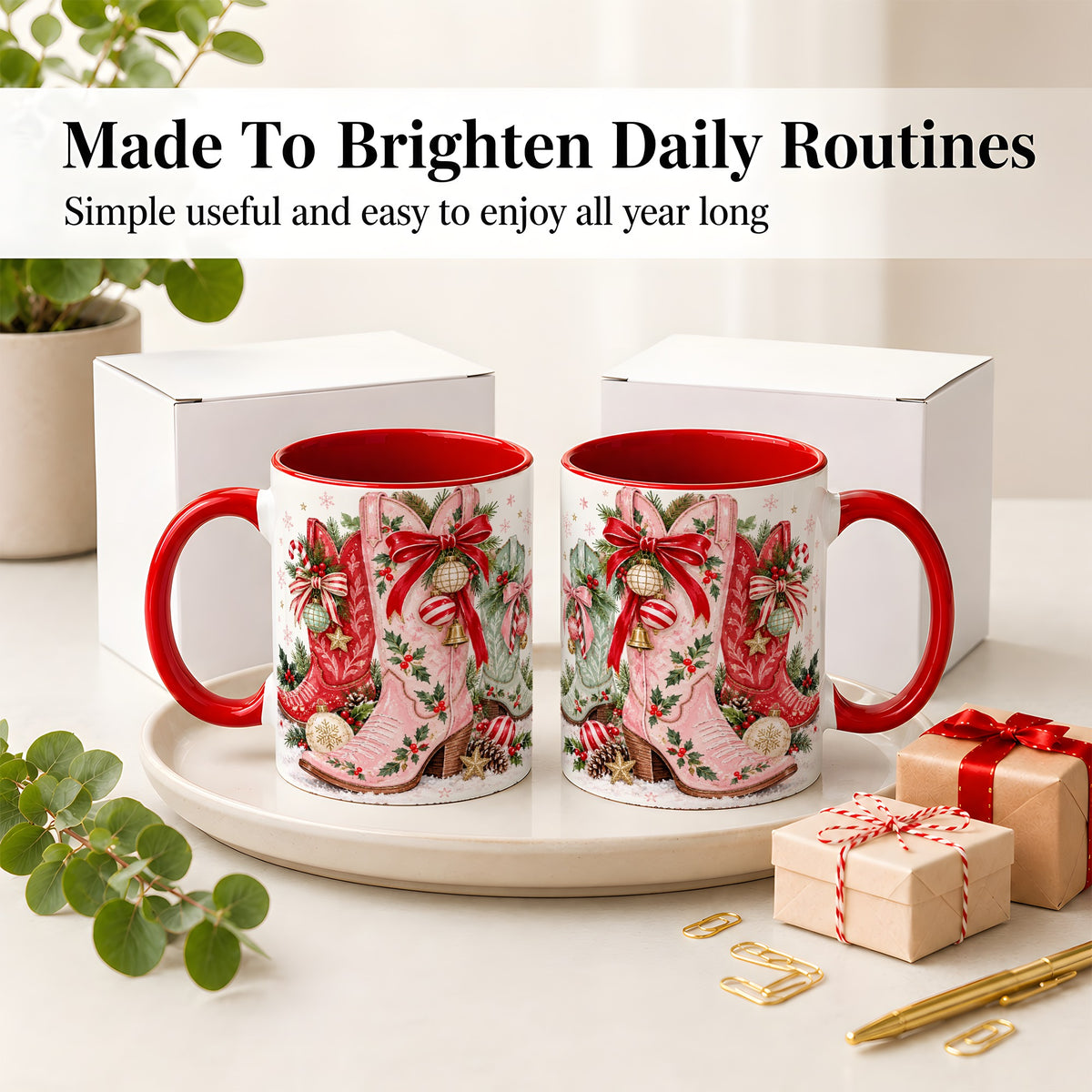 #pl[11oz|Red] Christmas Cowboy Boots Ceramic Mug, Pink Western Holiday Artwork