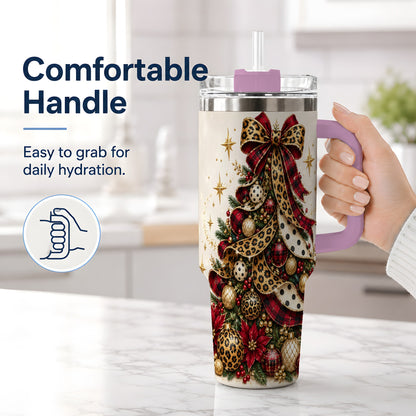 #pl[40oz|Pink] Leopard Christmas Tree Drinkware, 40oz Tumbler with Plaid Ribbon Art
