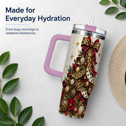 #pl[40oz|Pink] Leopard Christmas Tree Drinkware, 40oz Tumbler with Plaid Ribbon Art