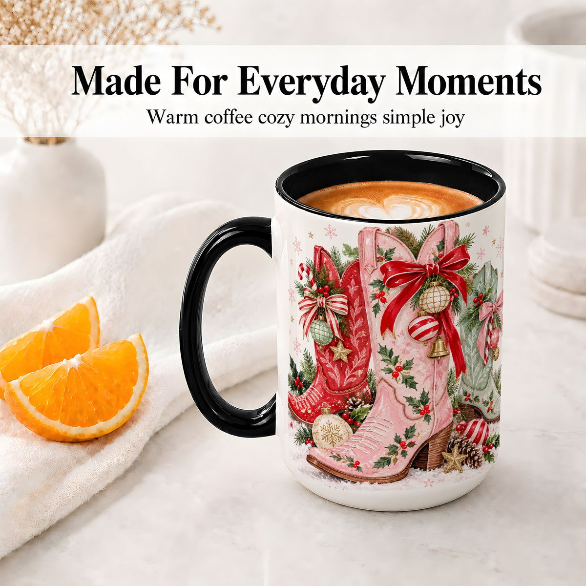 #pl[15oz|Black] Christmas Cowboy Boots Ceramic Mug, Pink Western Holiday Artwork