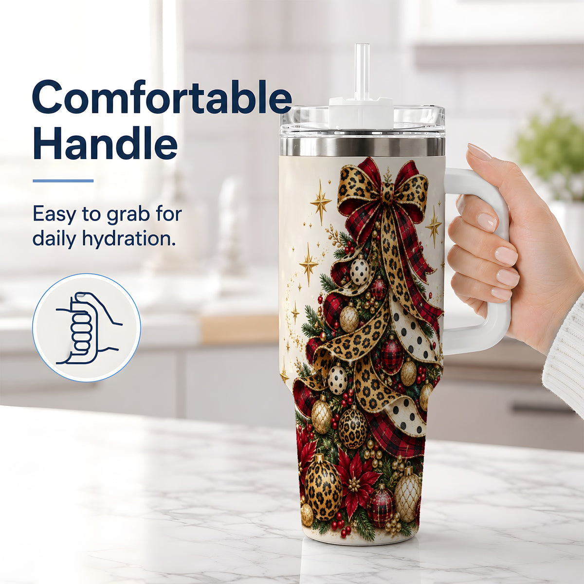 #pl[40oz|White] Leopard Christmas Tree Drinkware, 40oz Tumbler with Plaid Ribbon Art