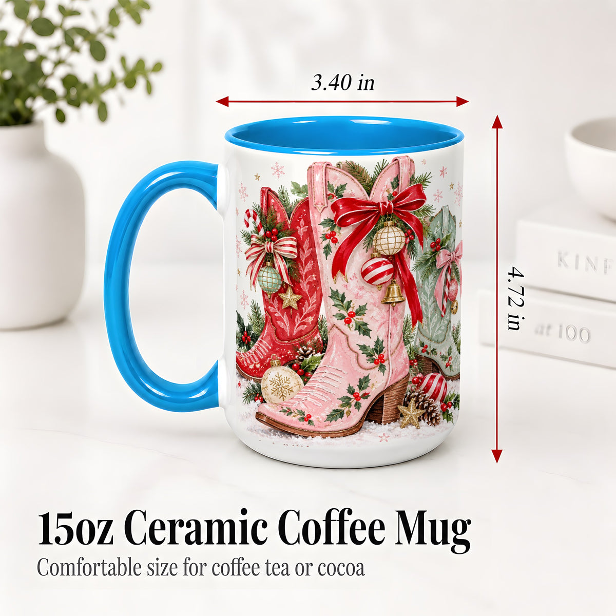 #pl[15oz|Blue] Christmas Cowboy Boots Ceramic Mug, Pink Western Holiday Artwork