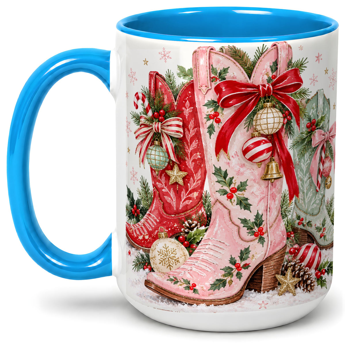 #pl[15oz|Blue] Christmas Cowboy Boots Ceramic Mug, Pink Western Holiday Artwork
