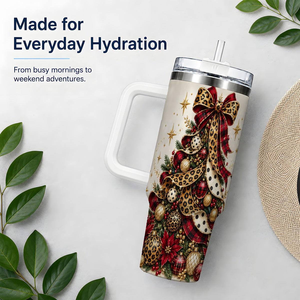 #pl[40oz|White] Leopard Christmas Tree Drinkware, 40oz Tumbler with Plaid Ribbon Art