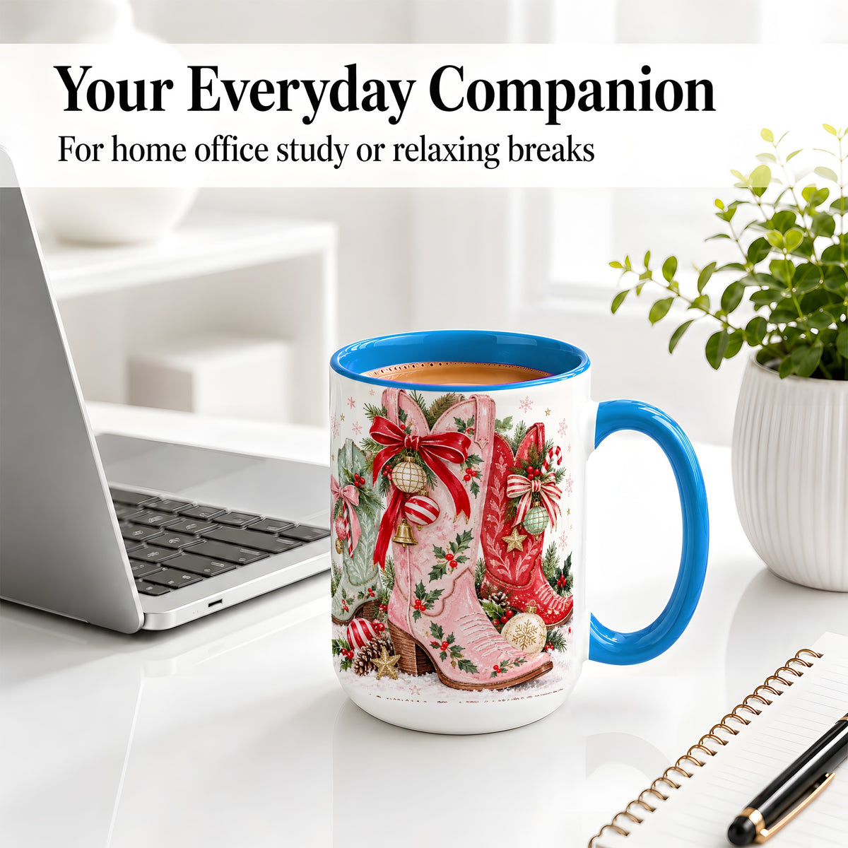 #pl[15oz|Blue] Christmas Cowboy Boots Ceramic Mug, Pink Western Holiday Artwork