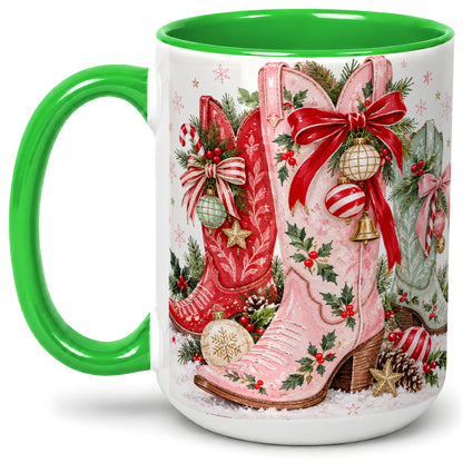 #pl[15oz|Green] Christmas Cowboy Boots Ceramic Mug, Pink Western Holiday Artwork