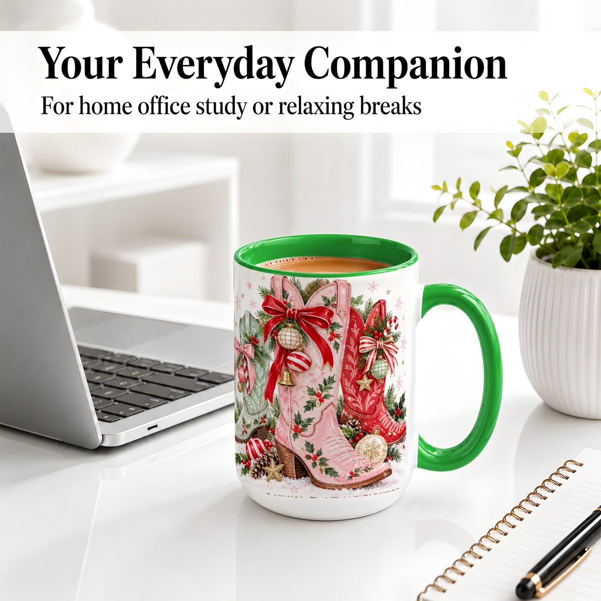 #pl[15oz|Green] Christmas Cowboy Boots Ceramic Mug, Pink Western Holiday Artwork