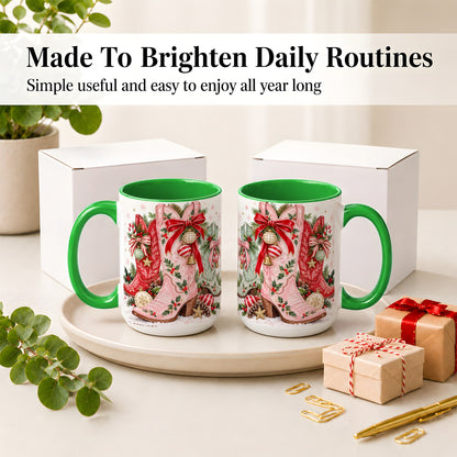 #pl[15oz|Green] Christmas Cowboy Boots Ceramic Mug, Pink Western Holiday Artwork