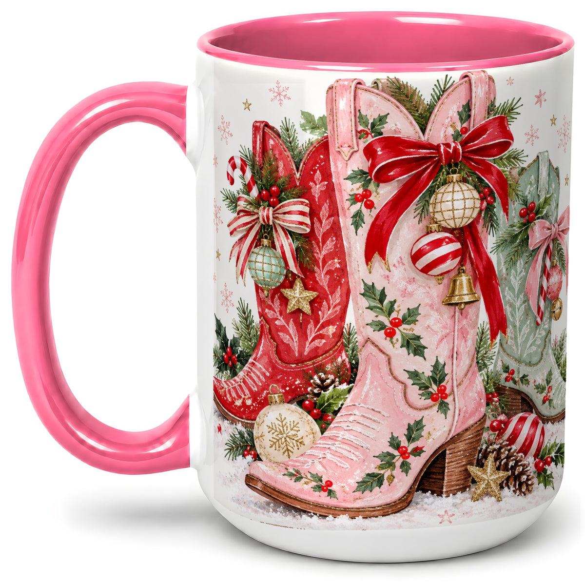 #pl[15oz|Pink] Christmas Cowboy Boots Ceramic Mug, Pink Western Holiday Artwork