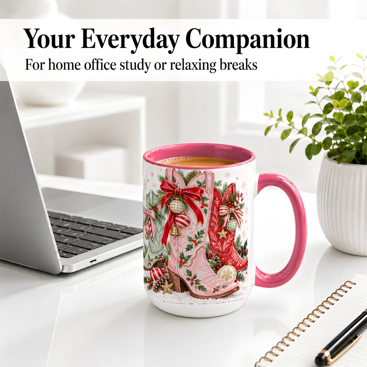 #pl[15oz|Pink] Christmas Cowboy Boots Ceramic Mug, Pink Western Holiday Artwork