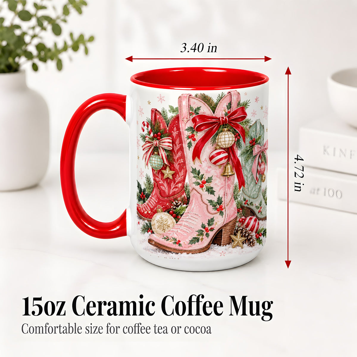 #pl[15oz|Red] Christmas Cowboy Boots Ceramic Mug, Pink Western Holiday Artwork