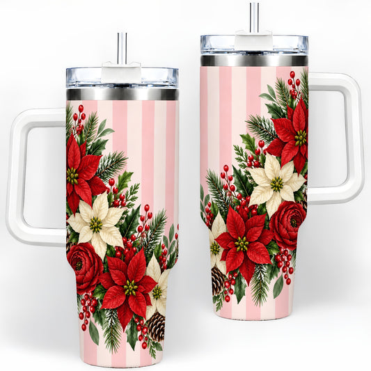Poinsettia Christmas Floral Drinkware, 40oz Tumbler with Pink Stripes