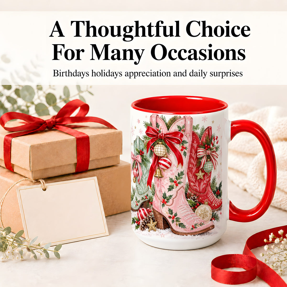 #pl[15oz|Red] Christmas Cowboy Boots Ceramic Mug, Pink Western Holiday Artwork