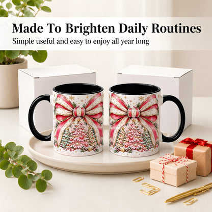 #pl[11oz|Black] Pink Christmas Bow Ceramic Mug, Decorated Tree Snowflake Artwork