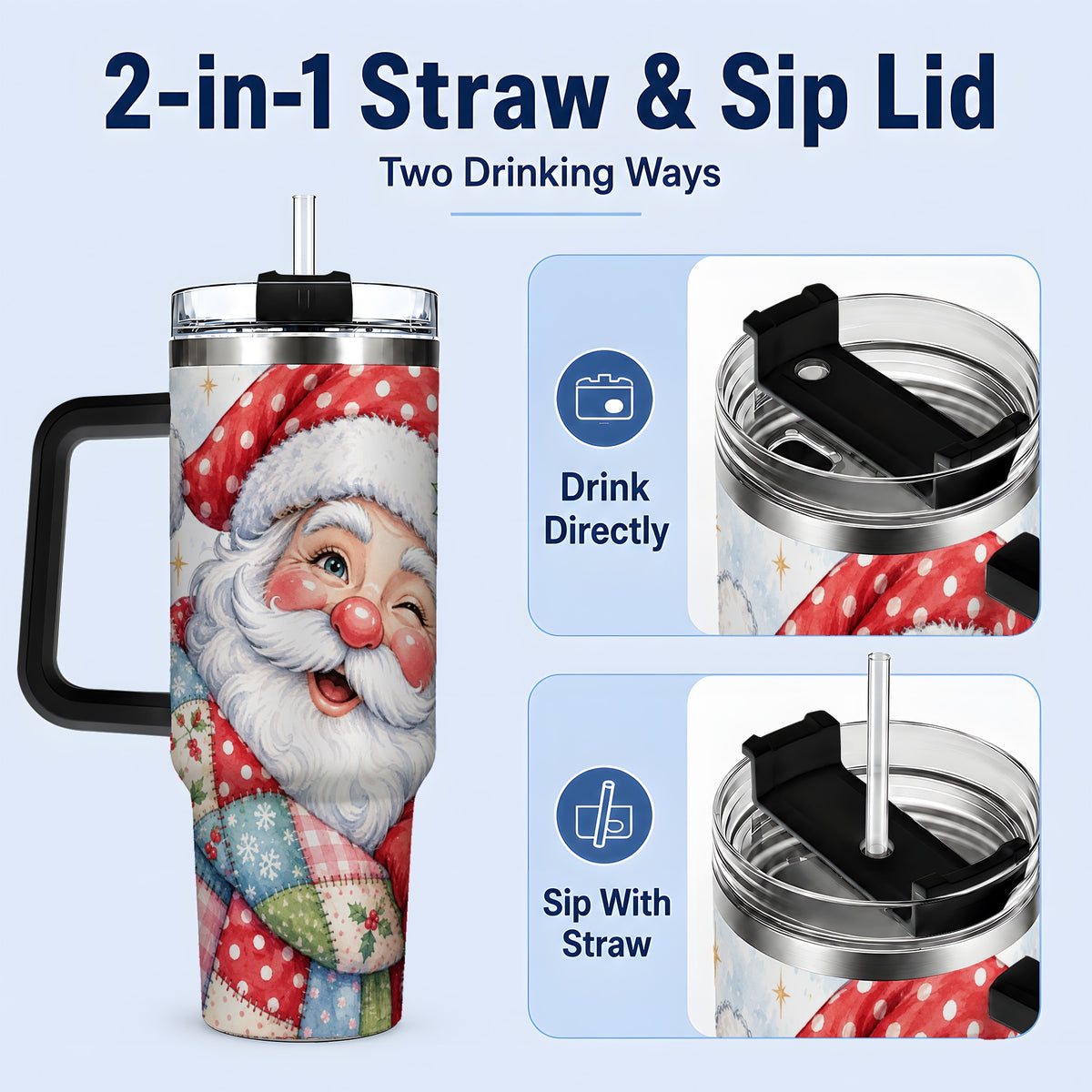 #pl[40oz|Black] Patchwork Santa Christmas Drinkware, 40oz Tumbler with Watercolor Art