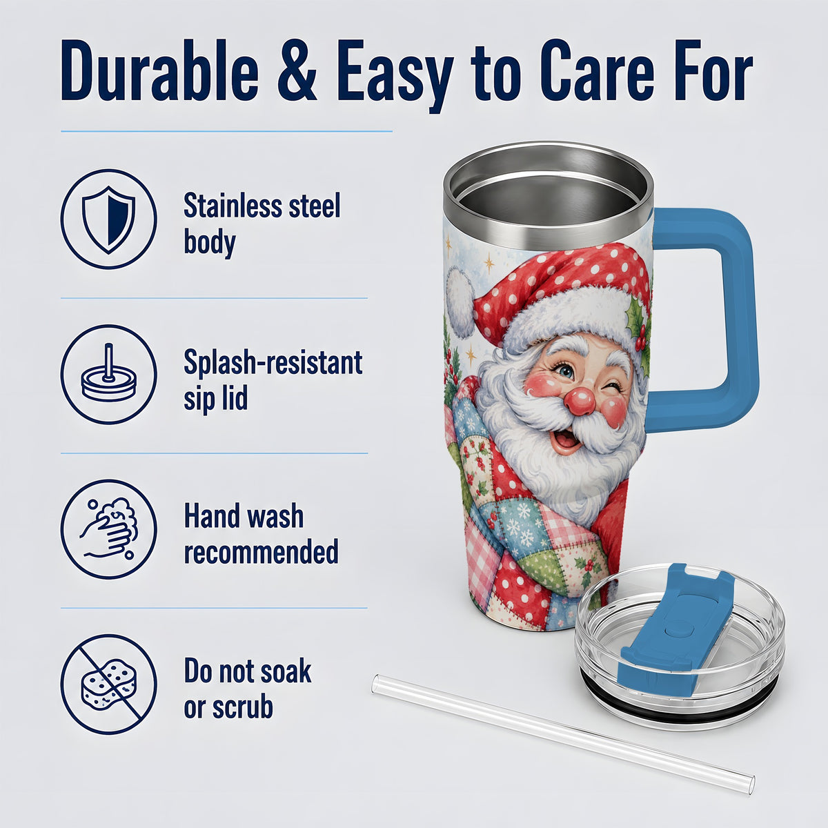 #pl[40oz|Blue] Patchwork Santa Christmas Drinkware, 40oz Tumbler with Watercolor Art
