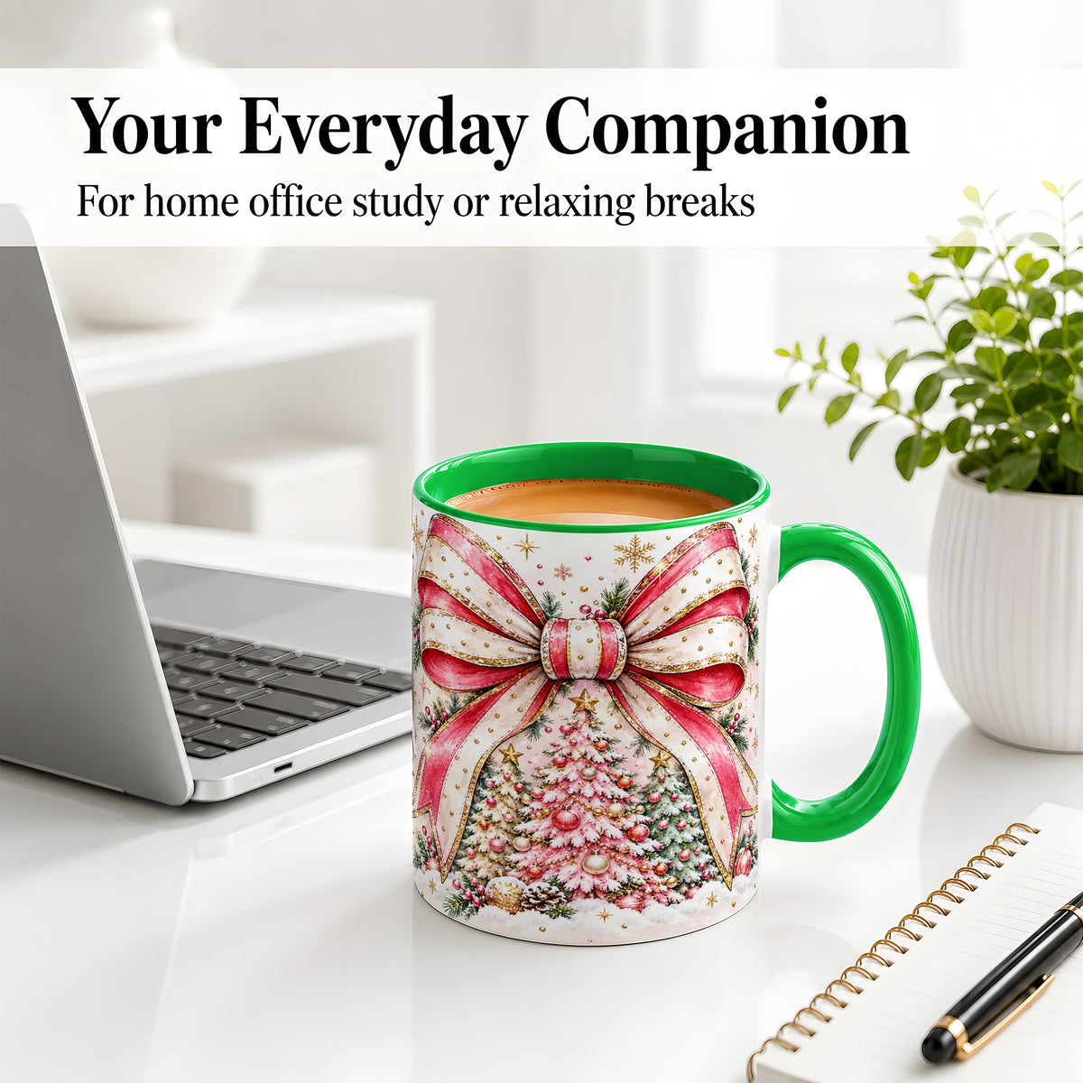 #pl[11oz|Green] Pink Christmas Bow Ceramic Mug, Decorated Tree Snowflake Artwork