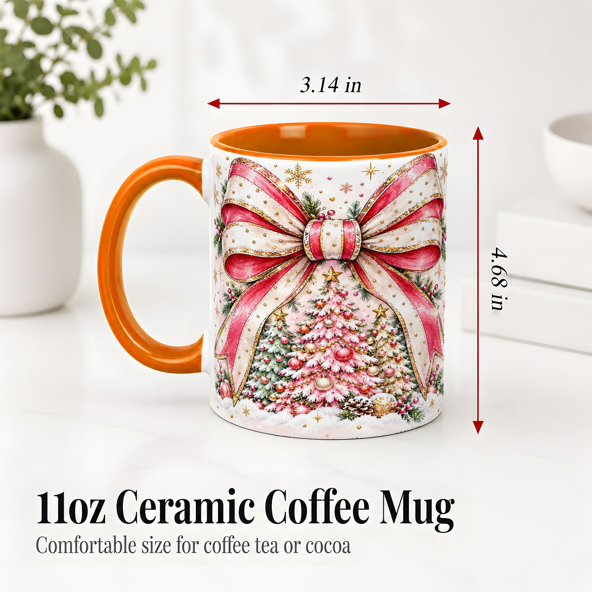 #pl[11oz|Orange] Pink Christmas Bow Ceramic Mug, Decorated Tree Snowflake Artwork
