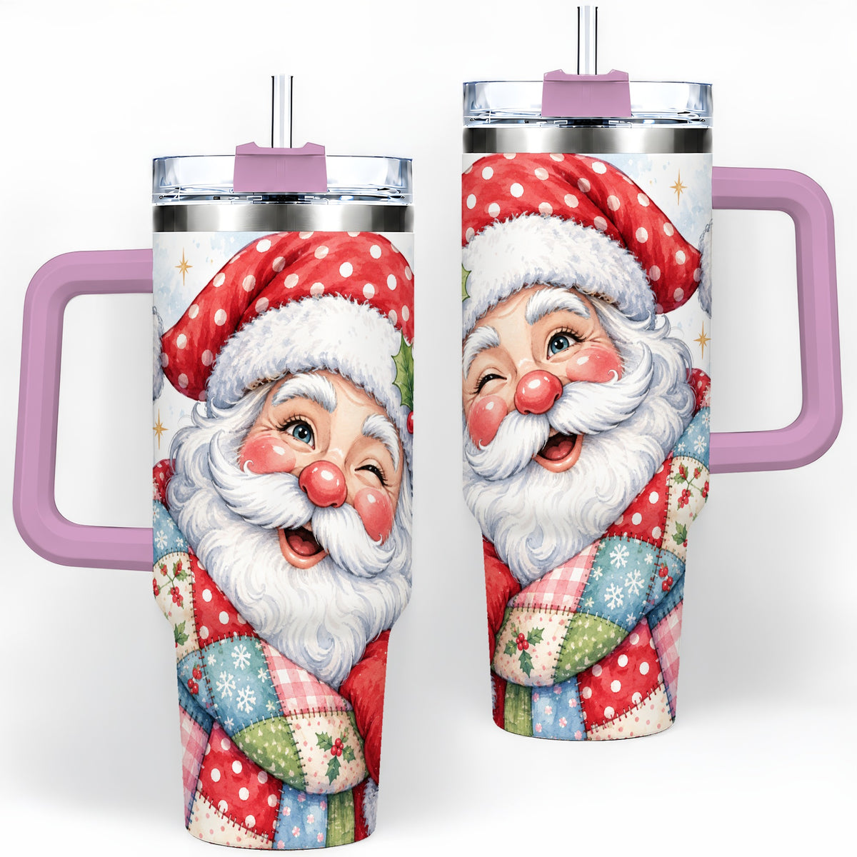 #pl[40oz|Pink] Patchwork Santa Christmas Drinkware, 40oz Tumbler with Watercolor Art