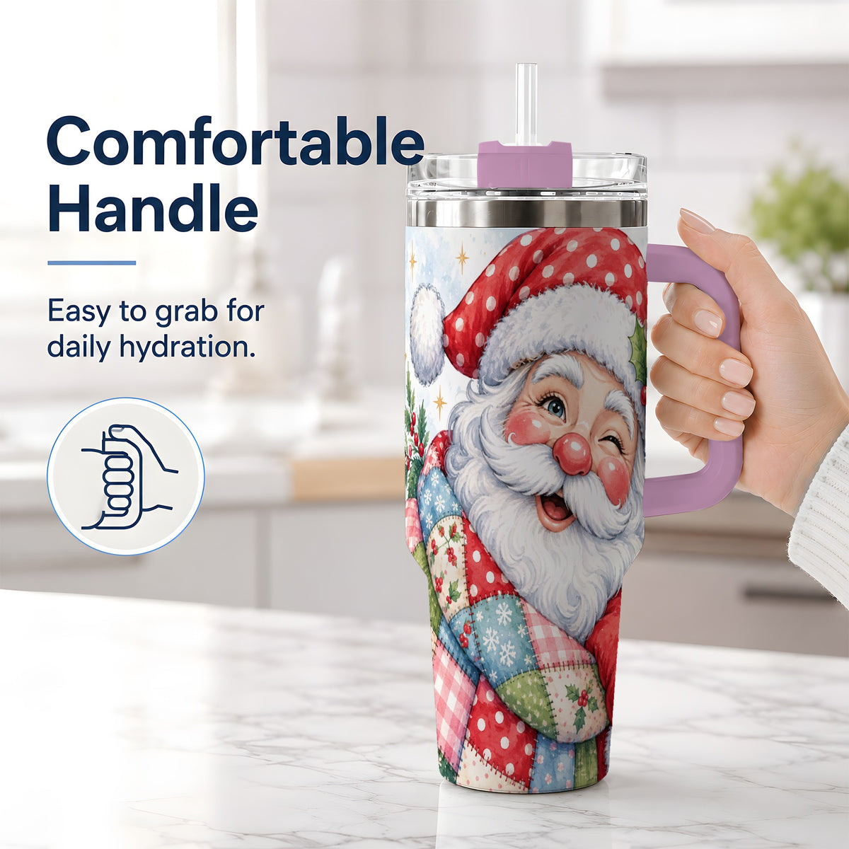 #pl[40oz|Pink] Patchwork Santa Christmas Drinkware, 40oz Tumbler with Watercolor Art