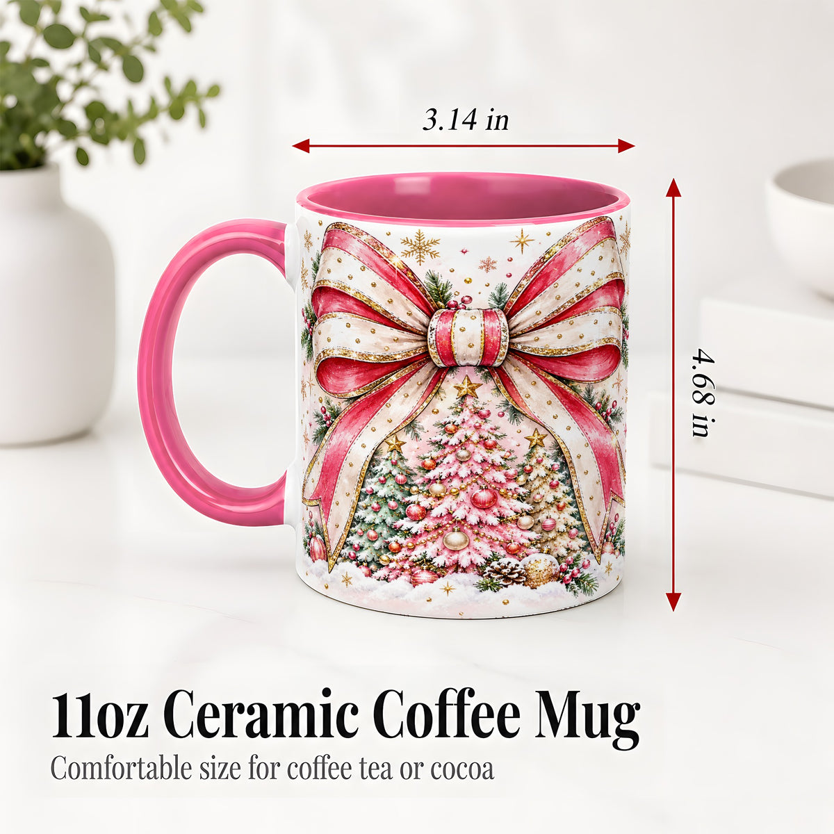 #pl[11oz|Pink] Pink Christmas Bow Ceramic Mug, Decorated Tree Snowflake Artwork