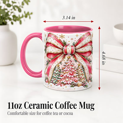 #pl[11oz|Pink] Pink Christmas Bow Ceramic Mug, Decorated Tree Snowflake Artwork