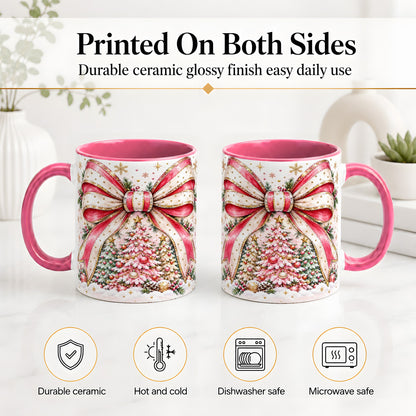 #pl[11oz|Pink] Pink Christmas Bow Ceramic Mug, Decorated Tree Snowflake Artwork