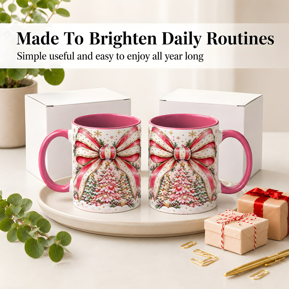 #pl[11oz|Pink] Pink Christmas Bow Ceramic Mug, Decorated Tree Snowflake Artwork
