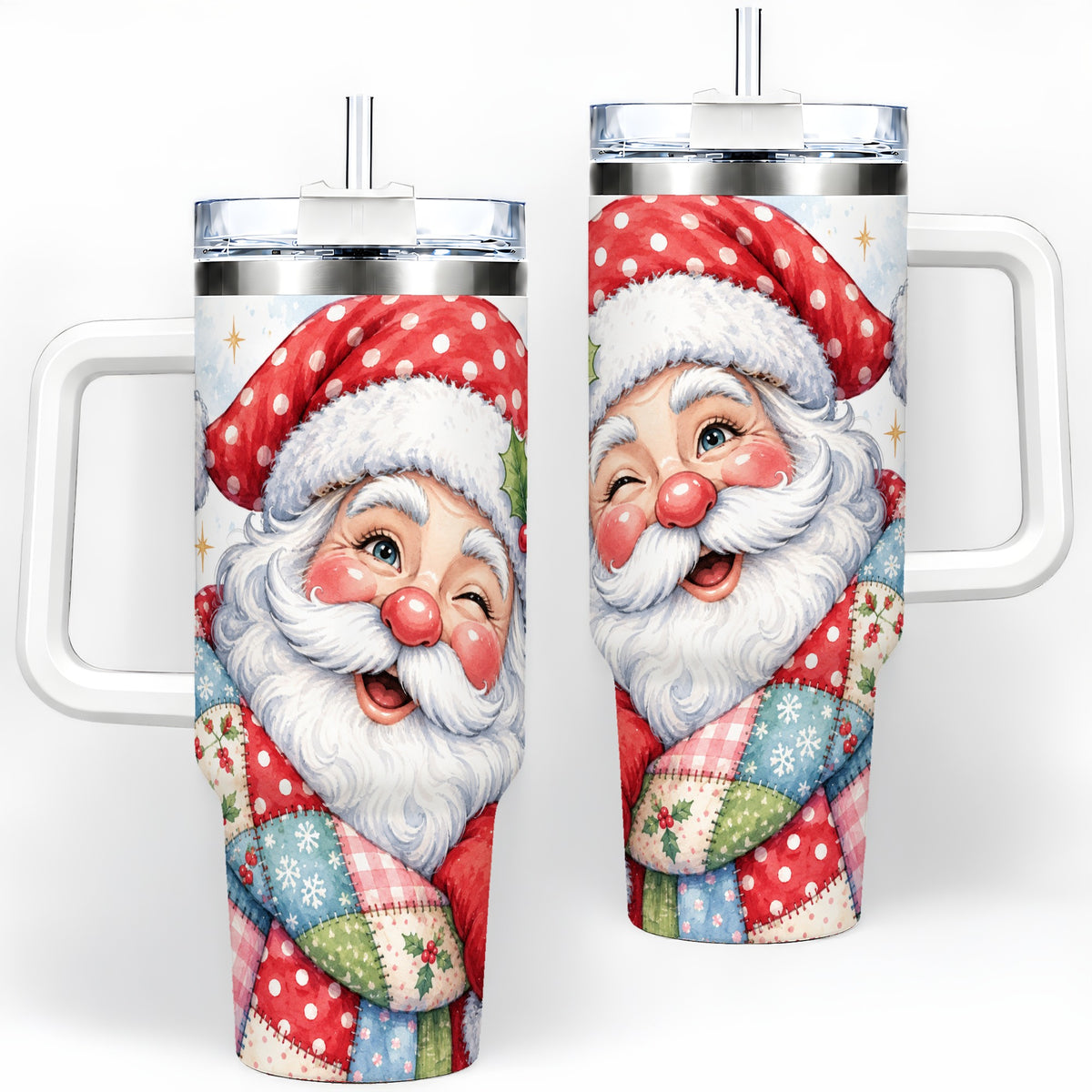Patchwork Santa Christmas Drinkware, 40oz Tumbler with Watercolor Art
