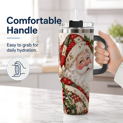 #pl[40oz|Black] Patchwork Santa Portrait Drinkware, 40oz Tumbler with Holly Artwork