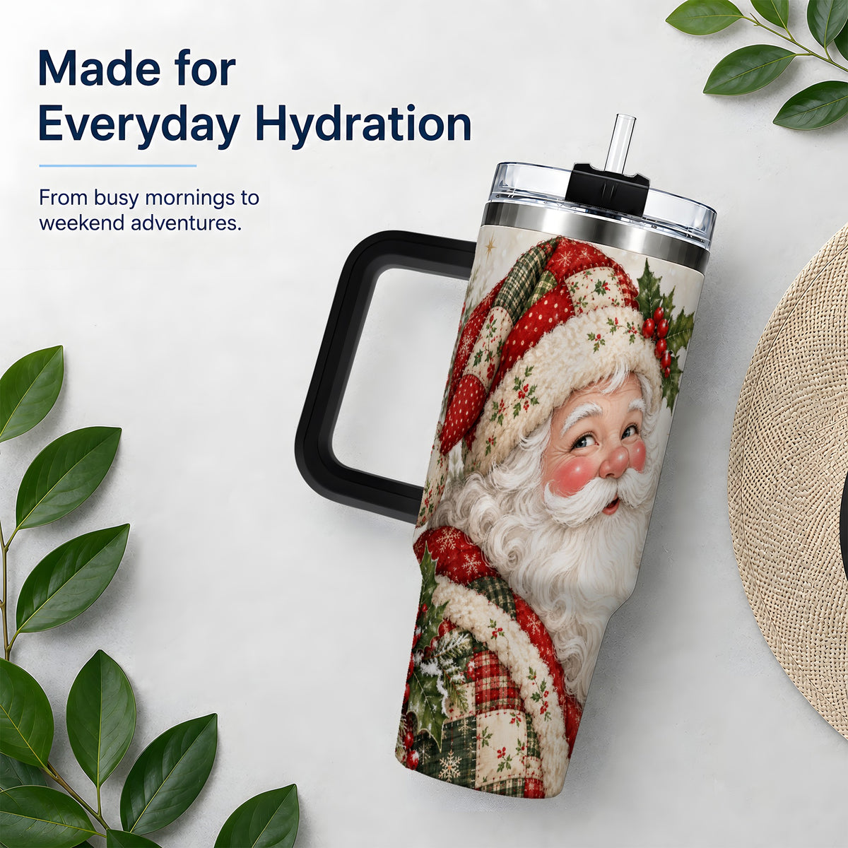 #pl[40oz|Black] Patchwork Santa Portrait Drinkware, 40oz Tumbler with Holly Artwork