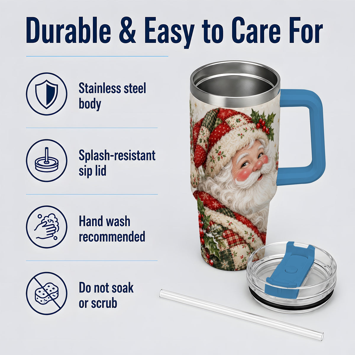 #pl[40oz|Blue] Patchwork Santa Portrait Drinkware, 40oz Tumbler with Holly Artwork