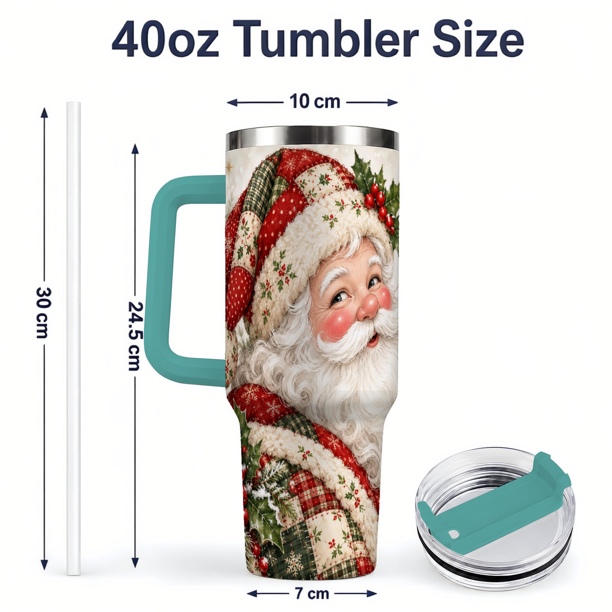#pl[40oz|Green] Patchwork Santa Portrait Drinkware, 40oz Tumbler with Holly Artwork